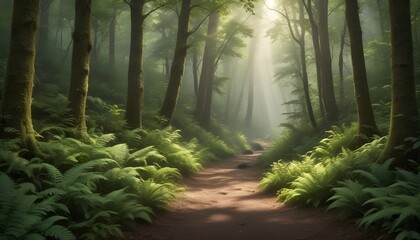 A Forest Path With Ferns In The Foreground Concept Background