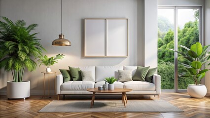 Sleek modern white living room interior with empty poster template, stylish couch, and lush greenery, perfect for design and printing.