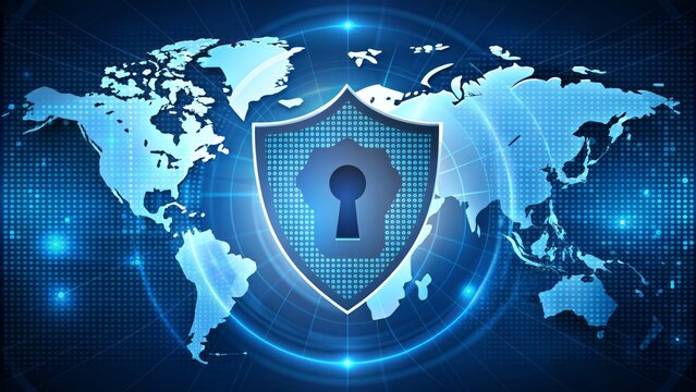 Global digital shield with keyhole icon protects personal data on world map background, emphasizing cyber security technology concept in vector.
