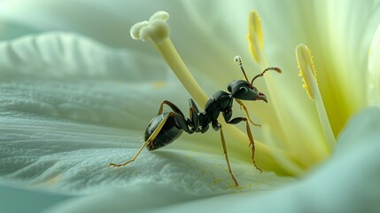 Close-up of a tiny black ant crawling on a white lily. The focus is on the ant’s segmented body and antennae