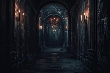 Fototapeta premium Dimly lit, eerie dark corridor with gothic architecture and flickering candlelights creating a spooky, mysterious atmosphere.