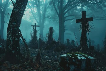 Eerie, foggy graveyard with tall crosses and ancient tombstones, shrouded in dark, mysterious forest setting at dawn.