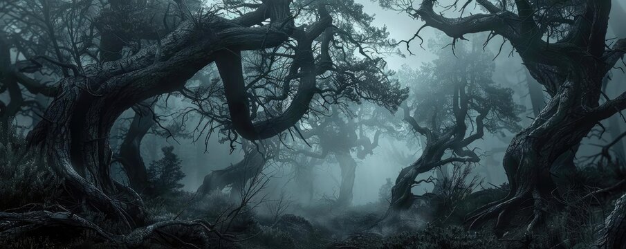 Eerie dark forest with twisted trees and fog, evoking a sense of mystery and spookiness in a surreal, haunting landscape.