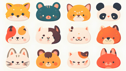 collection of cute cartoon animal faces on a white background
