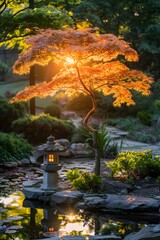 japanese garden at sunset