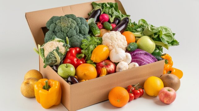 Box of mixed vegetables with a surrounding pile of fruits and veggies, isolated background, studio lighting, fresh and vibrant scene