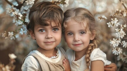 Obraz premium style of Portrait of a cute little boy and girl smiling at the camera. Happy siblings day classical realism -