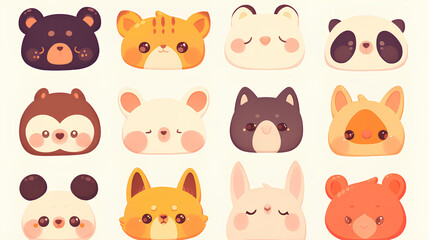 collection of cute cartoon animal faces on a white background