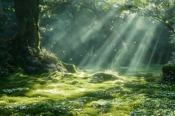 Soft, magical sunlight filters through the thick foliage of an enchanted forest. The light sparkles and shimmers