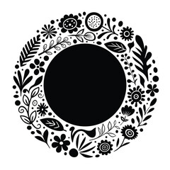 Hand drawn round plant elements, frame, flowers and leaves, vector design