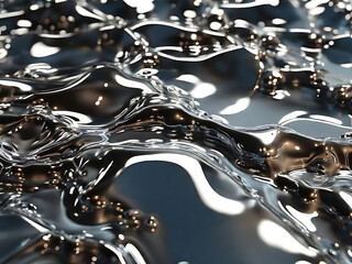 A glossy silver metal fluid glossy chrome, with mirror water background backdrop texture, 3d render closeup

