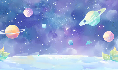 universe, cartoon, planet, space, hand-painted, illustration, children, fantasy, astronomy