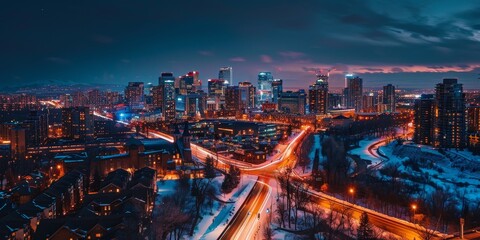Fototapeta premium A stunning aerial view of a city skyline illuminated by holiday lights and decorations, creating a festive atmosphere for residents and visitors alike