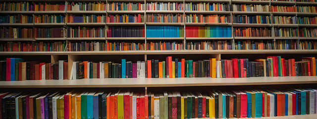 So many colorful books on a large book shelf from front perspective aligned properly


