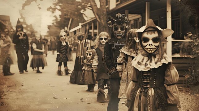 Vintage Halloween parade with children in creepy costumes and eerie masks walking down a street, creating a nostalgic and spooky atmosphere.