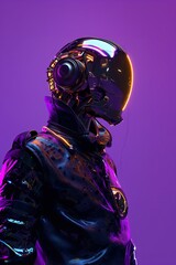 Futuristic robot woman looking up against a dark blue background with glowing neon lights, close-up, style sci-fi