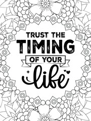 Motivational Quotes Flower Coloring Page Beautiful black and white illustration for adult coloring book