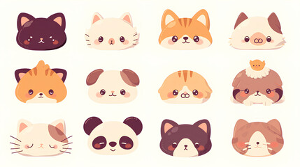 collection of cute cartoon animal faces on a white background