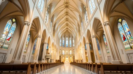 Fototapeta premium Grand church interior featuring high-vaulted ceilings, stained glass windows on both sides, detailed and colorful, illuminated by soft light