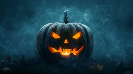 Fototapeta premium Grimacing pumpkin with glowing eyes, frightening expression, dark background, intricate details, eerie and intense