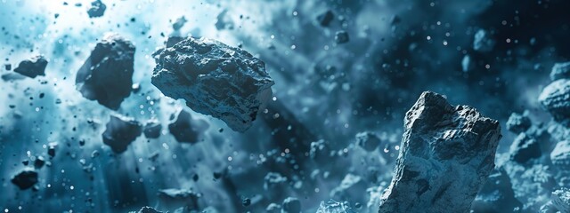 Obraz premium Icey asteroids flying through space. Futuristic background. Abstract 3d rendering 