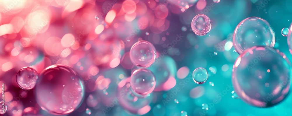 Poster abstract bubbles in pink and teal color, bokeh effect with soft lighting