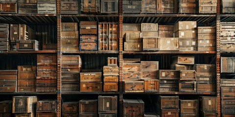 An industrial warehouse filled with stacked crates and shelves, representing storage and logistics operations
