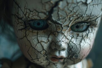 Fototapeta premium Close-up of a cracked antique doll's face, with eerie blue eyes and detailed texture, showcasing aged beauty and haunting mystery.