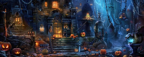 Fototapeta premium Eerie and atmospheric haunted house scene with glowing pumpkins, creepy decorations, and mysterious fog, perfect for Halloween themes.
