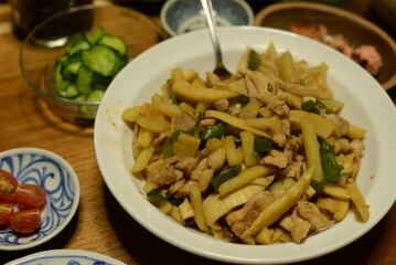 A lot of different dishes arrayed on the dinner table in japan.