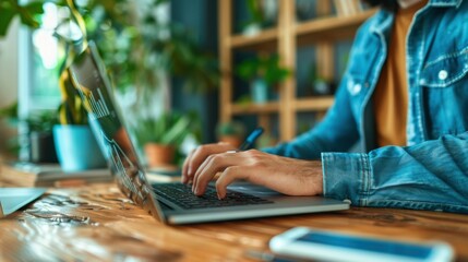 Businessman using a laptop, analyzes and calculates data
