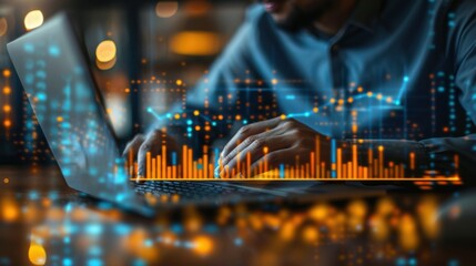 Businessman using a laptop, analyzes and calculates data