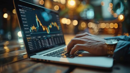 Businessman using a laptop, analyzes and calculates data