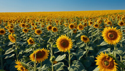 Obraz premium Field of bright yellow sunflowers under a clear blue sky.