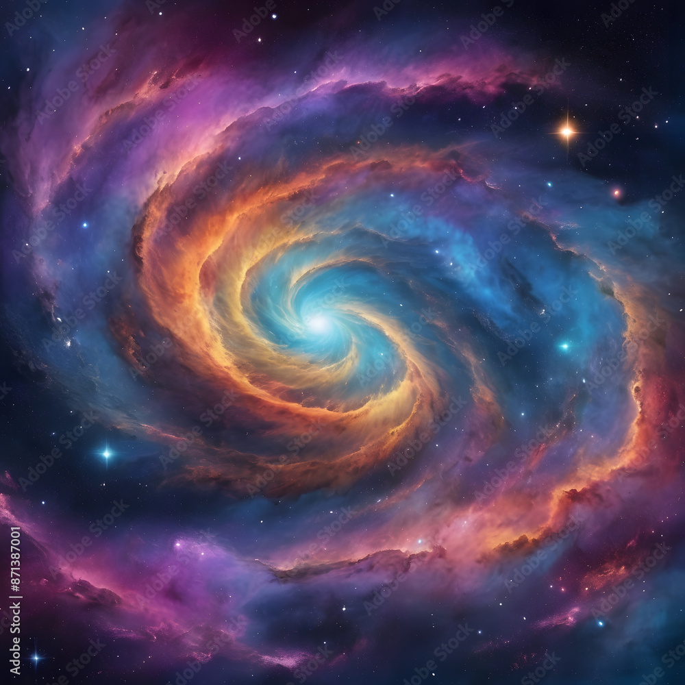 Poster cosmic abstract art: an image that interprets outer space abstractly, featuring swirling nebulas, st