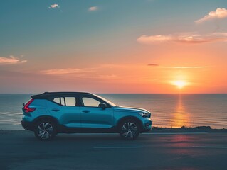 SUV car on the road with beautiful sunset in the background.