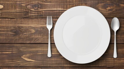 Top view of a clean plate with spoon, fork, and knife, wooden background, isolated with studio lighting, clear and high-quality for food display advertising