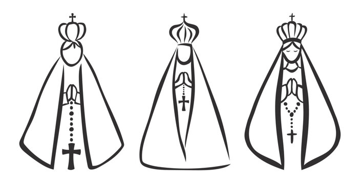 Our Lady of Aparecida is (Nossa Senhora de Aparecida), patron saint of Brazil. Blessed Virgin Mary line art vector..eps