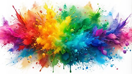 Fototapeta premium Vibrant watercolor splashes in green, blue, purple, red, pink, orange, and yellow hues explode on a pristine white background.