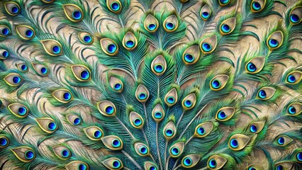 Obraz premium Vibrant iridescent blue and green peacock feathers unfold into a stunning ornate pattern against a neutral gray textured background.