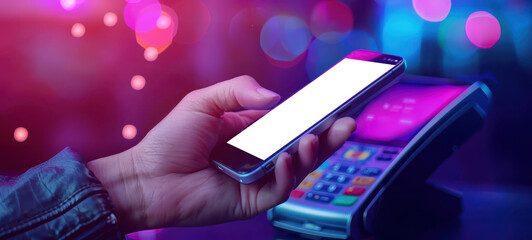 Person using NFC technology to make a payment with their phone, electronic banking, contactless payments
