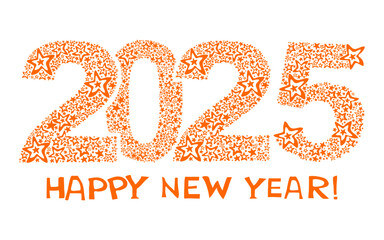 Happy new year 2025!  Celebration white background with orange stars and place for your text.  Art design celebrate party invitation template. Decorate numbers 2025 Horizontal banner.  Vector