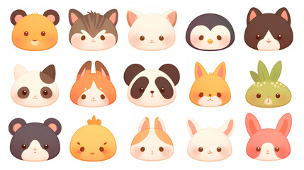 collection of cute cartoon animal faces on a white background