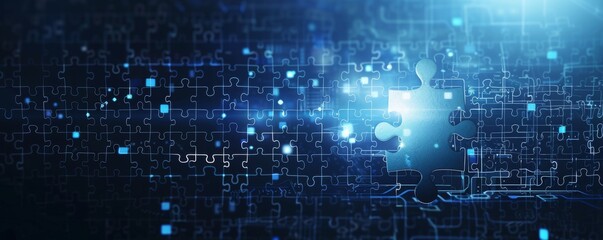 Fototapeta premium Abstract blue background with illuminated puzzle pieces and glowing digital patterns