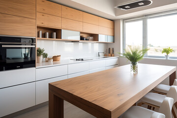 Modern interior of kitchen with living room.