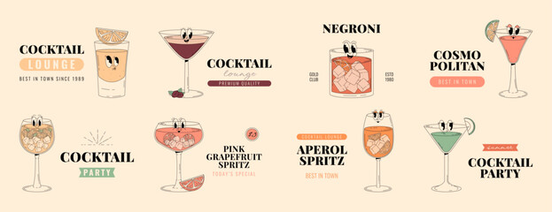 Groovy characters of cocktails and drinks, set of retro banners and labels with popular alcoholic beverages. Cafe bar or cocktail lounge logos and signs collections. Retro vector illustrations 70s,80s