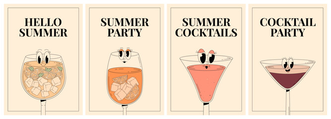Groovy characters of popular alcoholic beverage and cocktails. Retro poster set Hello summer, summer party, cocktail party and summer cocktails. Vector illustration