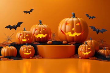 A Halloween scene with pumpkins and bats