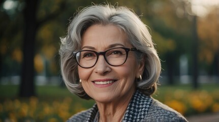 Obraz premium Smiling middle aged mature gray haired woman looking at camera, happy old lady in glasses posing outdoor in the park, positive single senior retired female sitting headshot portrait