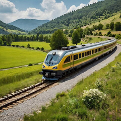 Obraz premium Scenic Countryside Train Ride Through Rural Landscape in 2024 - Idyllic Pastoral Journey.